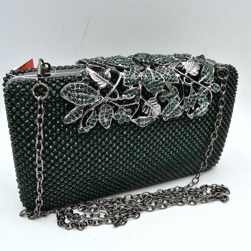 Studded Evening Clutch with Ornate Leaf Clasp Detail - Dark Green - Clutch Bags
