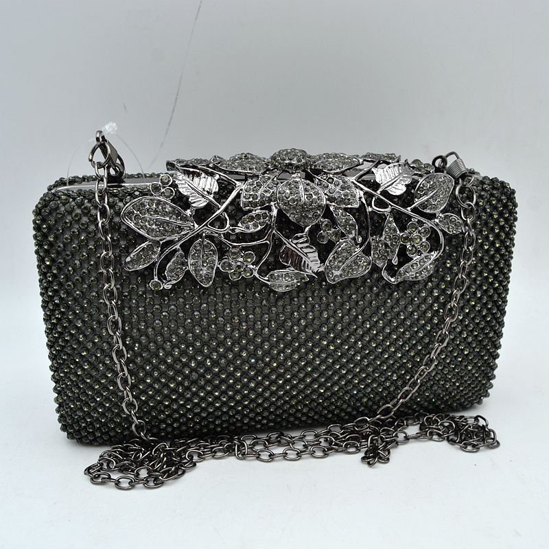 Studded Evening Clutch with Ornate Leaf Clasp Detail - Dark Gray - Clutch Bags