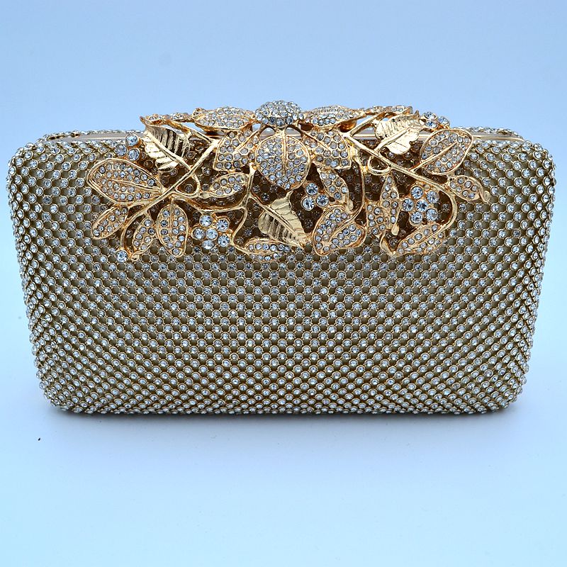 Studded Evening Clutch with Ornate Leaf Clasp Detail - Gold - Clutch Bags