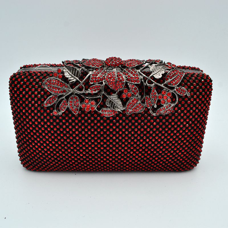 Studded Evening Clutch with Ornate Leaf Clasp Detail - Red - Clutch Bags