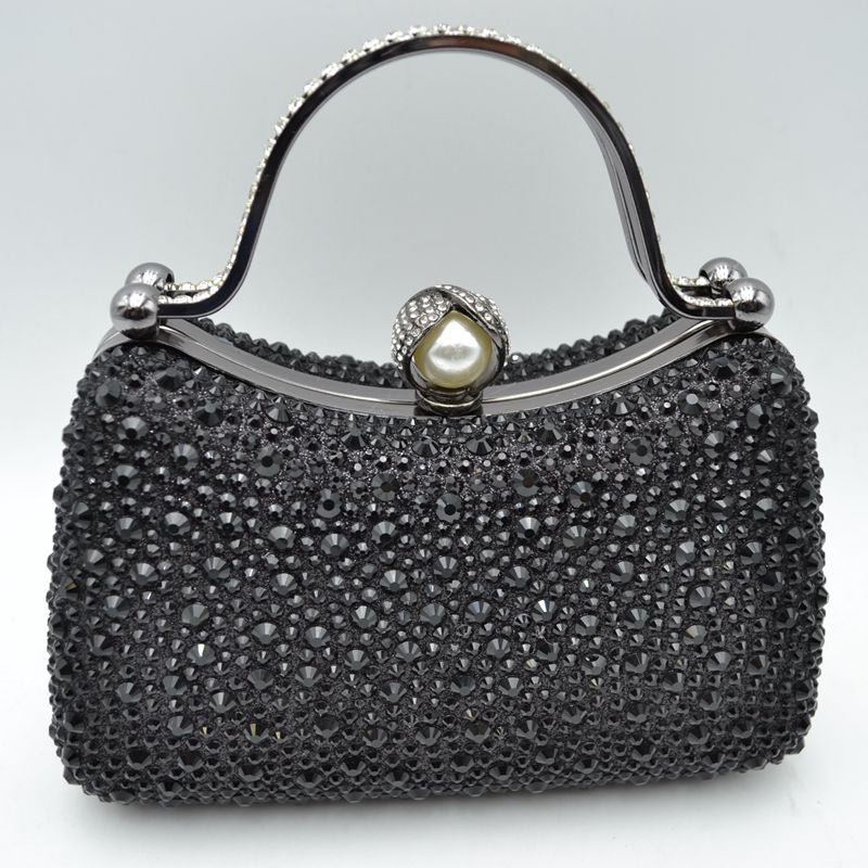 Rhinestone Encrusted Evening Clutch Bag with Pearl Clasp and Metal Handle - Black - Clutch Bags