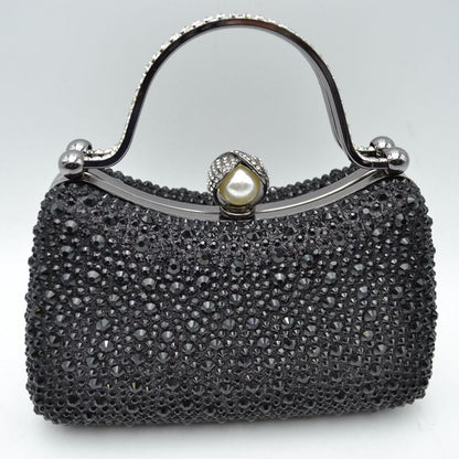 Rhinestone Encrusted Evening Clutch Bag with Pearl Clasp and Metal Handle - Black - Clutch Bags