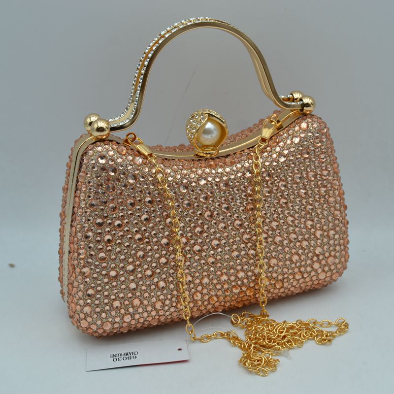 Rhinestone Encrusted Evening Clutch Bag with Pearl Clasp and Metal Handle - Champagne - Clutch Bags