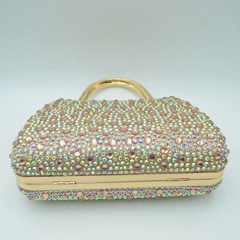 Rhinestone Encrusted Evening Clutch Bag with Pearl Clasp and Metal Handle - Clutch Bags