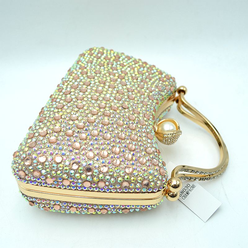 Rhinestone Encrusted Evening Clutch Bag with Pearl Clasp and Metal Handle - Clutch Bags