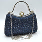 Rhinestone Encrusted Evening Clutch Bag with Pearl Clasp and Metal Handle - Navy-blue - Clutch Bags