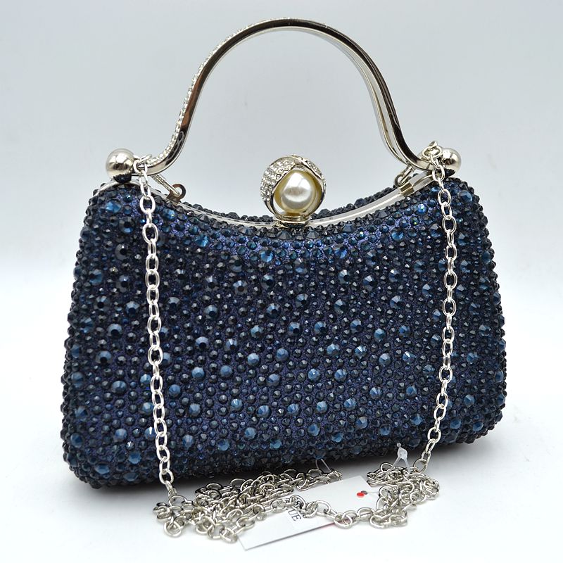 Rhinestone Encrusted Evening Clutch Bag with Pearl Clasp and Metal Handle - Navy-blue - Clutch Bags