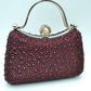Rhinestone Encrusted Evening Clutch Bag with Pearl Clasp and Metal Handle - Red - Clutch Bags