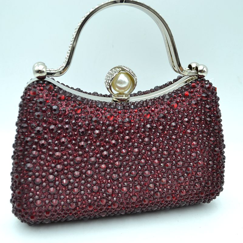 Rhinestone Encrusted Evening Clutch Bag with Pearl Clasp and Metal Handle - Red - Clutch Bags