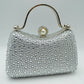 Rhinestone Encrusted Evening Clutch Bag with Pearl Clasp and Metal Handle - Silver - Clutch Bags