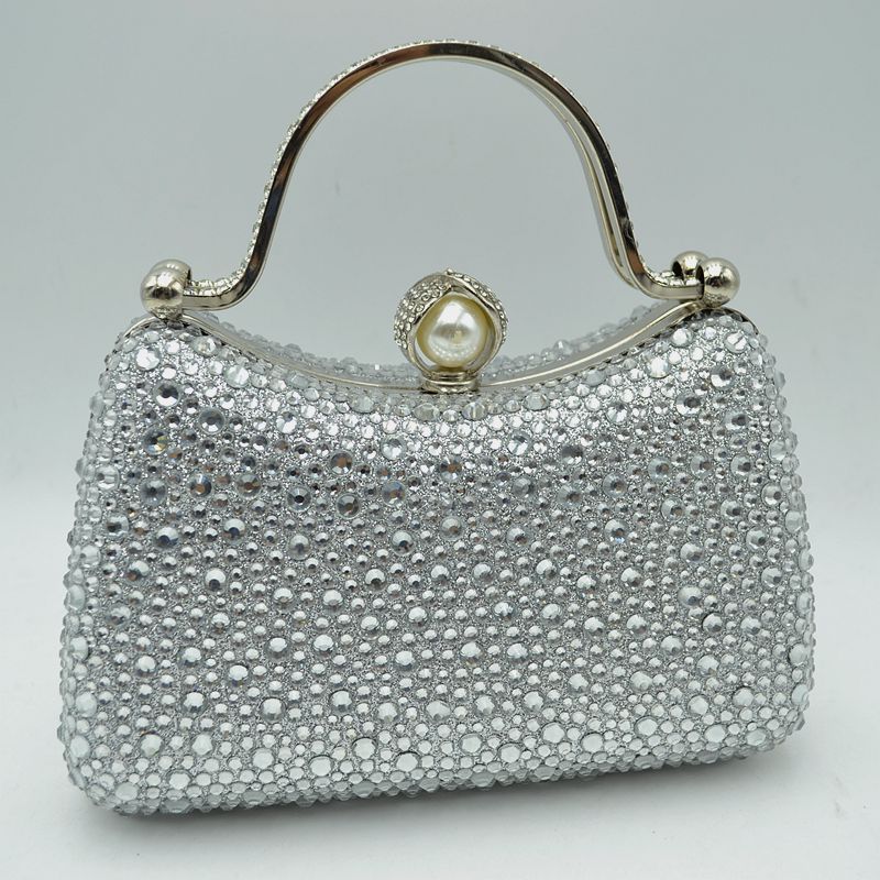 Rhinestone Encrusted Evening Clutch Bag with Pearl Clasp and Metal Handle - Silver - Clutch Bags