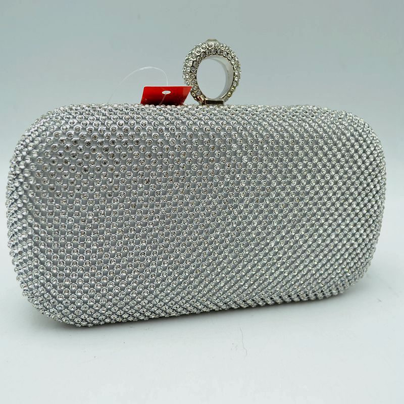 Embellished Box Clutch with Ring Top Clasp - Silver - Clutch Bags