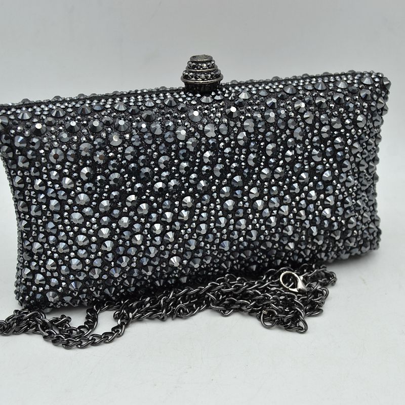 Rhinestone Embellished Box Clutch Bag with Removable Chain Strap - Black - Clutch Bags