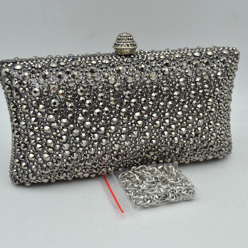 Rhinestone Embellished Box Clutch Bag with Removable Chain Strap - Dark Silver - Clutch Bags