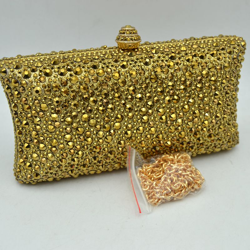 Rhinestone Embellished Box Clutch Bag with Removable Chain Strap - Gold - Clutch Bags