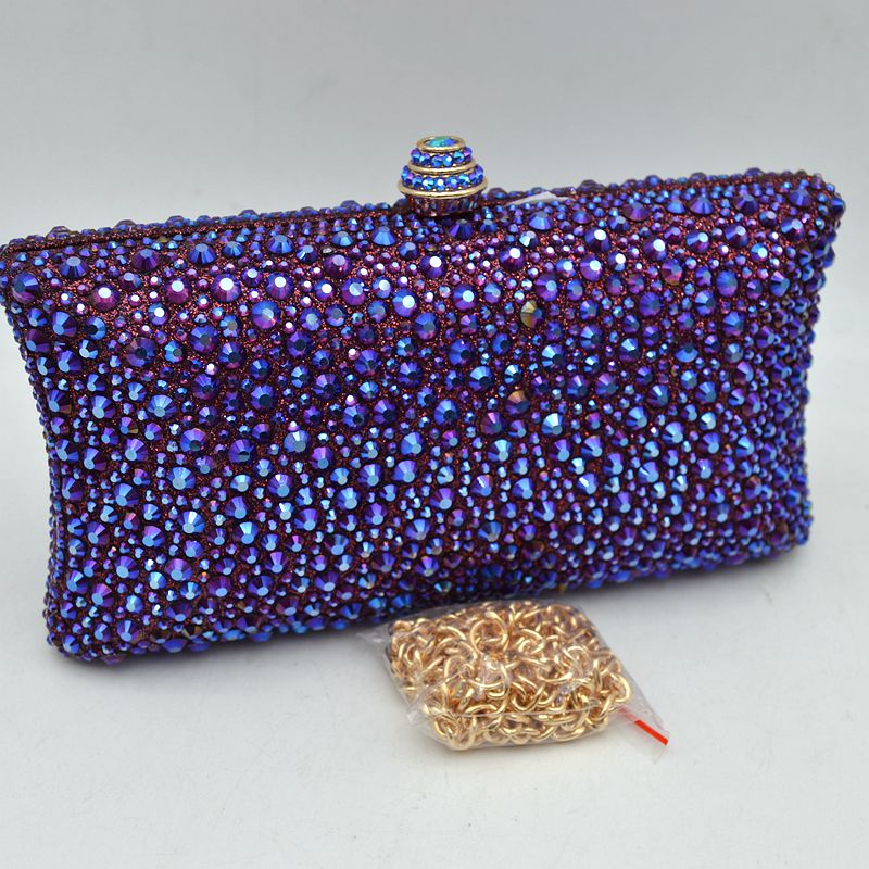 Rhinestone Embellished Box Clutch Bag with Removable Chain Strap - Purple - Clutch Bags