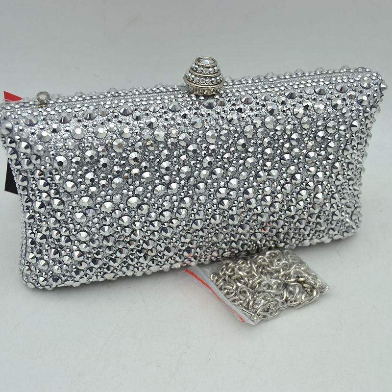 Rhinestone Embellished Box Clutch Bag with Removable Chain Strap - Silver - Clutch Bags
