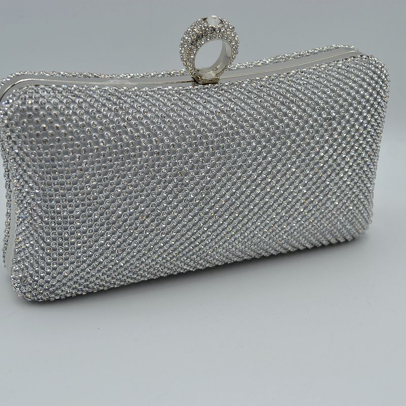 Shimmering Studded Clutch Bag with Textured O-Ring Clasp - Silver - Clutch Bags