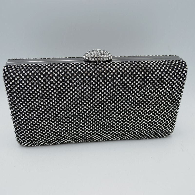 Grid Patterned Box Clutch with Jeweled Dome Clasp - Black - Clutch Bags