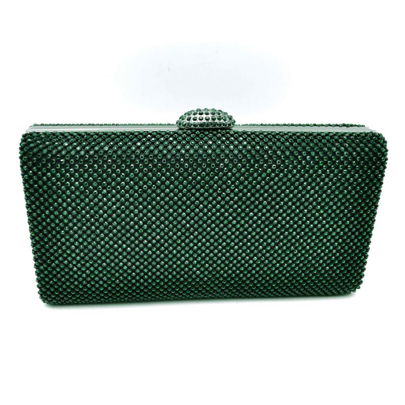 Grid Patterned Box Clutch with Jeweled Dome Clasp - Dark-green - Clutch Bags