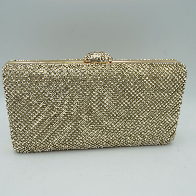 Grid Patterned Box Clutch with Jeweled Dome Clasp - Clutch Bags
