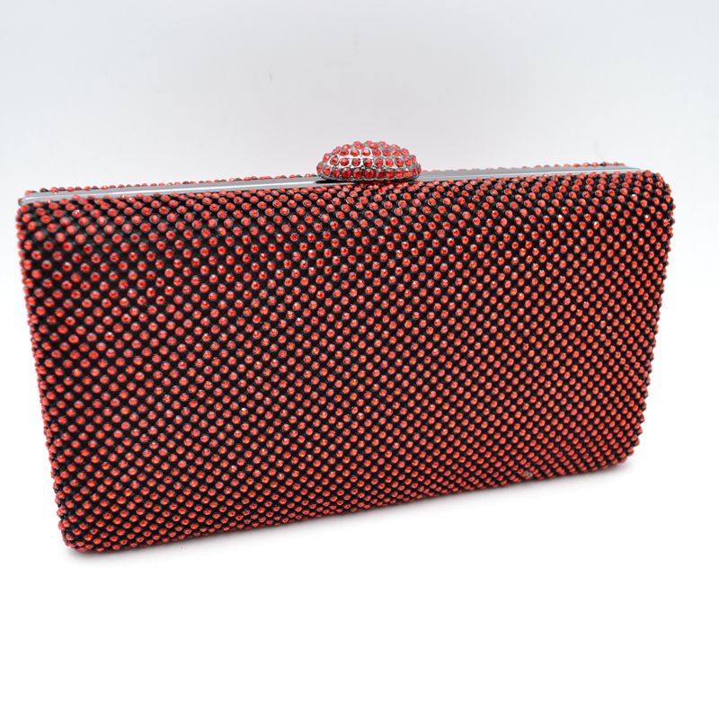 Grid Patterned Box Clutch with Jeweled Dome Clasp - Red - Clutch Bags