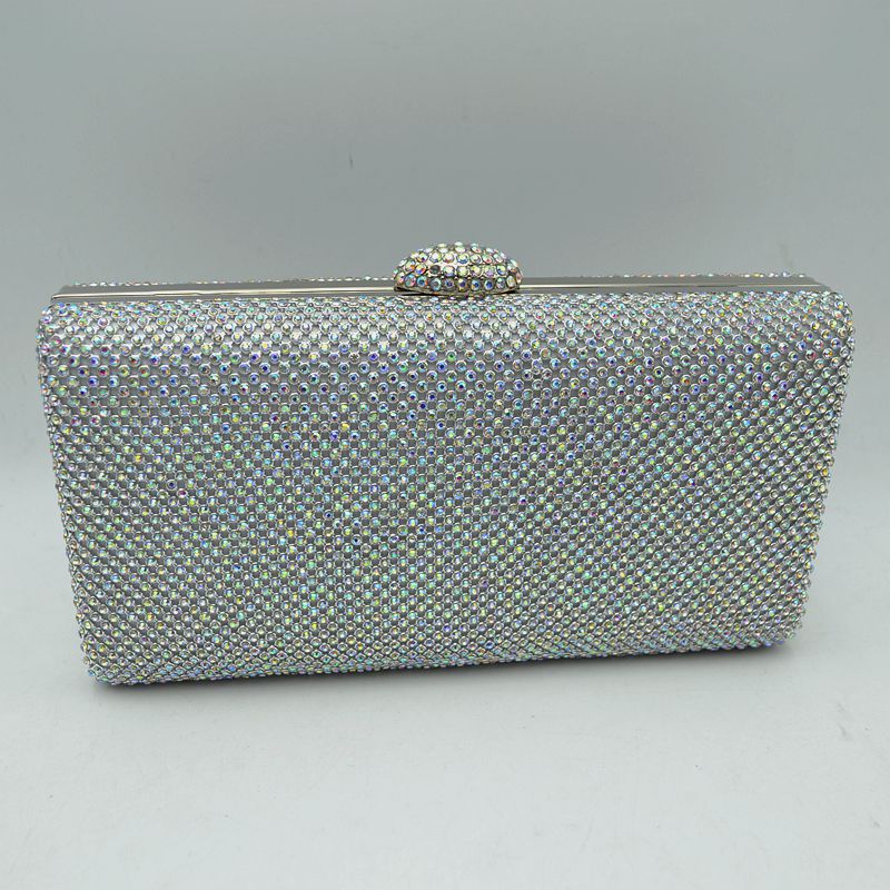 Grid Patterned Box Clutch with Jeweled Dome Clasp - Clutch Bags
