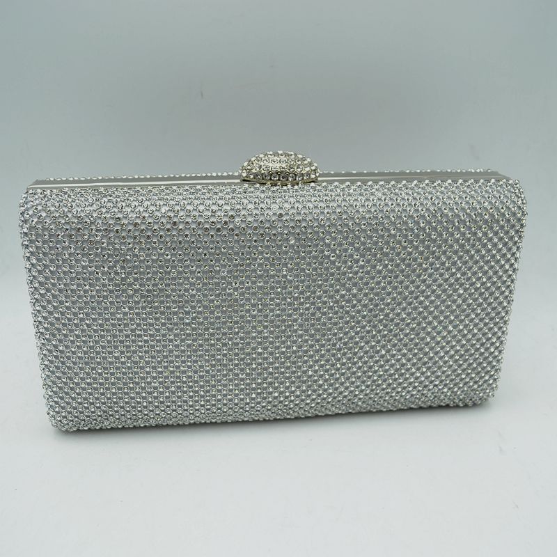 Grid Patterned Box Clutch with Jeweled Dome Clasp - Silver - Clutch Bags