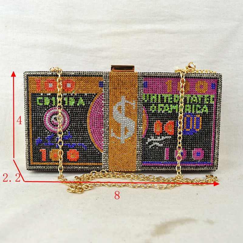 Rhinestone Money Clutch Bag with Removable Chain Strap - Clutch Bags