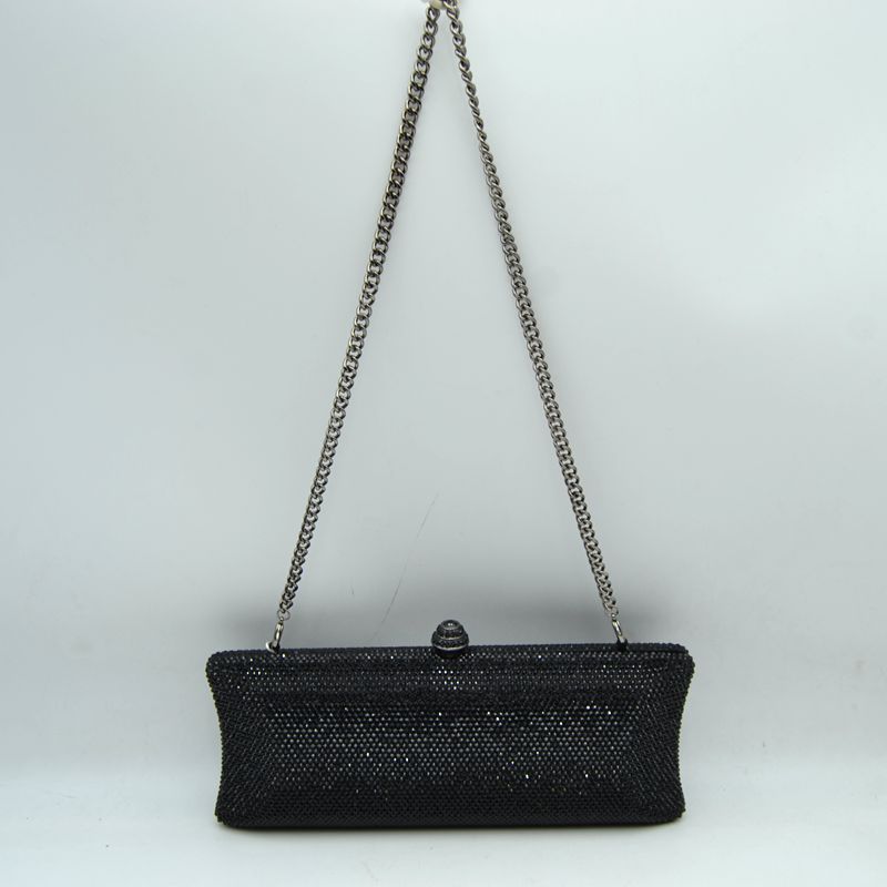Elongated Evening Clutch Bag with Slender Chain Strap - Black - Clutch Bags