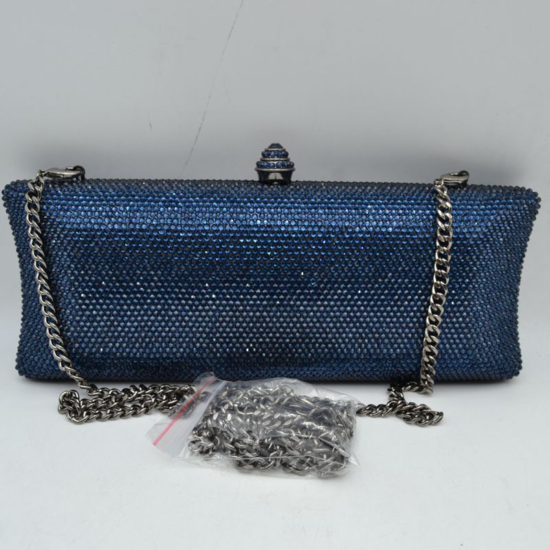 Elongated Evening Clutch Bag with Slender Chain Strap - Navy Blue - Clutch Bags