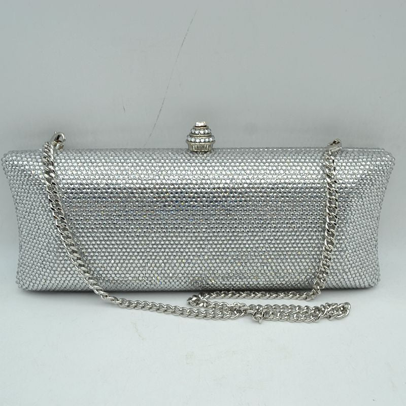 Elongated Evening Clutch Bag with Slender Chain Strap - Silver - Clutch Bags