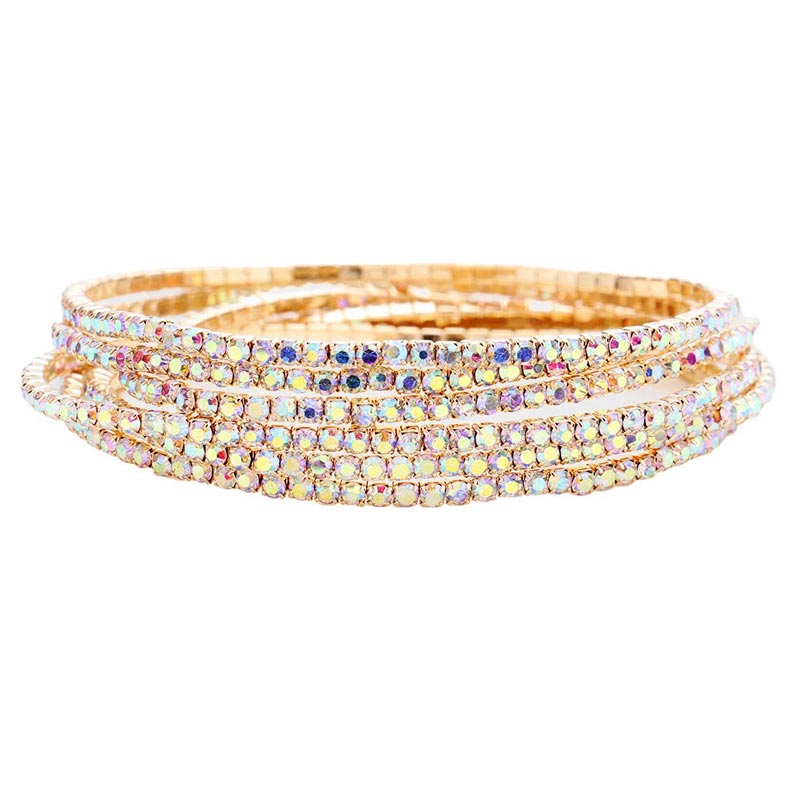 AB Gold 6pcs Crystal Rhinestone Stretch Layered Bracelets, beautiful crystal clear rhinestones; add this 6 piece layered bracelet to light up any outfit, feel absolutely flawless. Fabulous fashion and sleek style adds a pop of pretty color to your attire, coordinate with any ensemble from business casual to everyday wear.