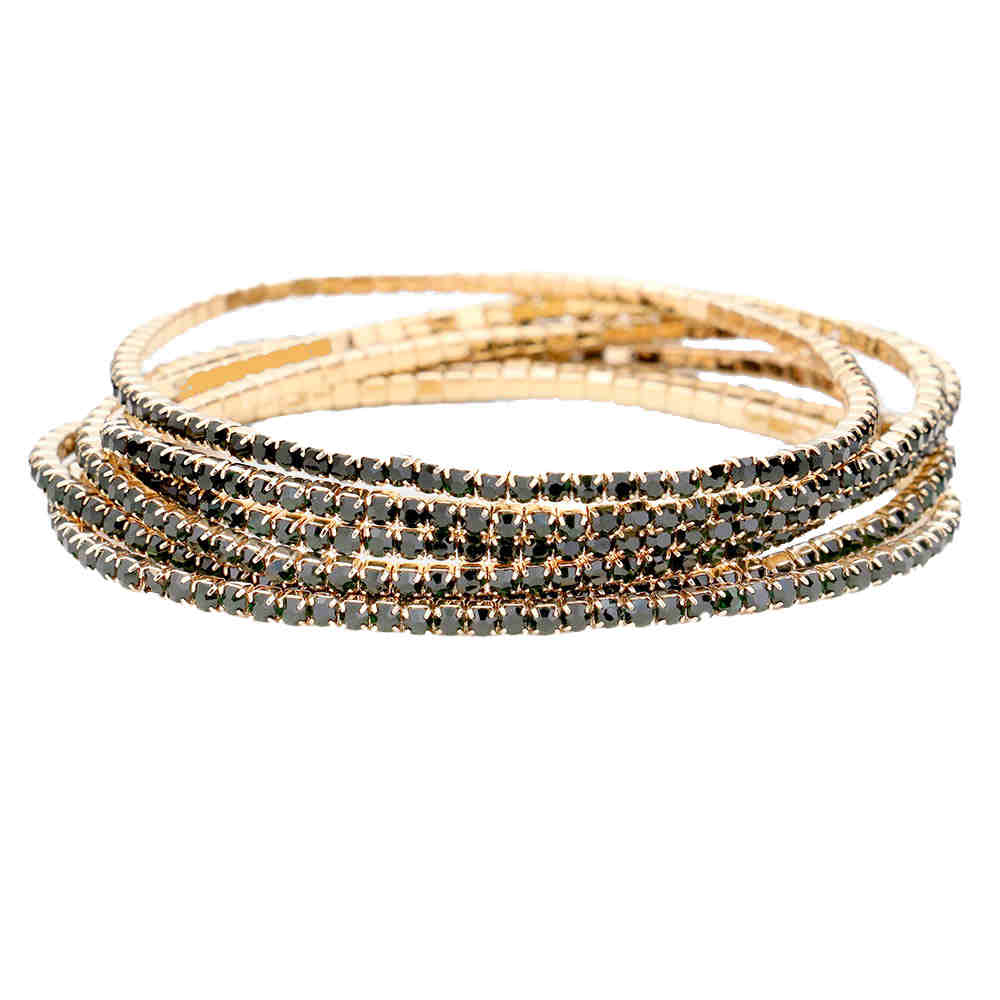 Gold Green 6pcs Crystal Rhinestone Stretch Layered Bracelets, beautiful crystal clear rhinestones; add this 6 piece layered bracelet to light up any outfit, feel absolutely flawless. Fabulous fashion and sleek style. Perfect Birthday Gift, Anniversary Gift, Mother's Day Gift, Thank you Gift, 