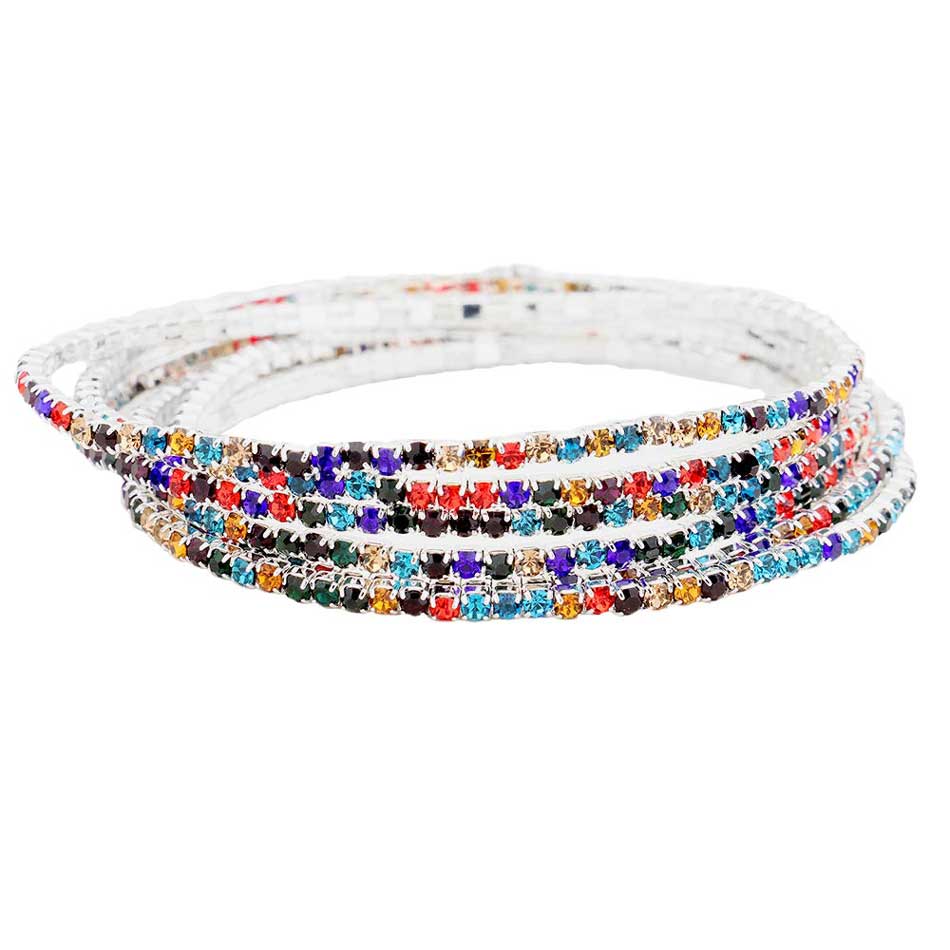 Multi Silver 6pcs Crystal Rhinestone Stretch Layered Bracelets, beautiful crystal clear rhinestones; add this 6 piece layered bracelet to light up any outfit, feel absolutely flawless. Fabulous fashion and sleek style adds a pop of pretty color to your attire, coordinate with any ensemble from business casual to everyday wear.