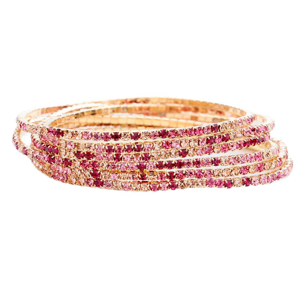 Multi Pink 6pcs Crystal Rhinestone Stretch Layered Bracelets, beautiful crystal clear rhinestones; add this 6 piece layered bracelet to light up any outfit, feel absolutely flawless. Fabulous fashion and sleek style. Perfect Birthday Gift, Anniversary Gift, Mother's Day Gift, Thank you Gift, 
