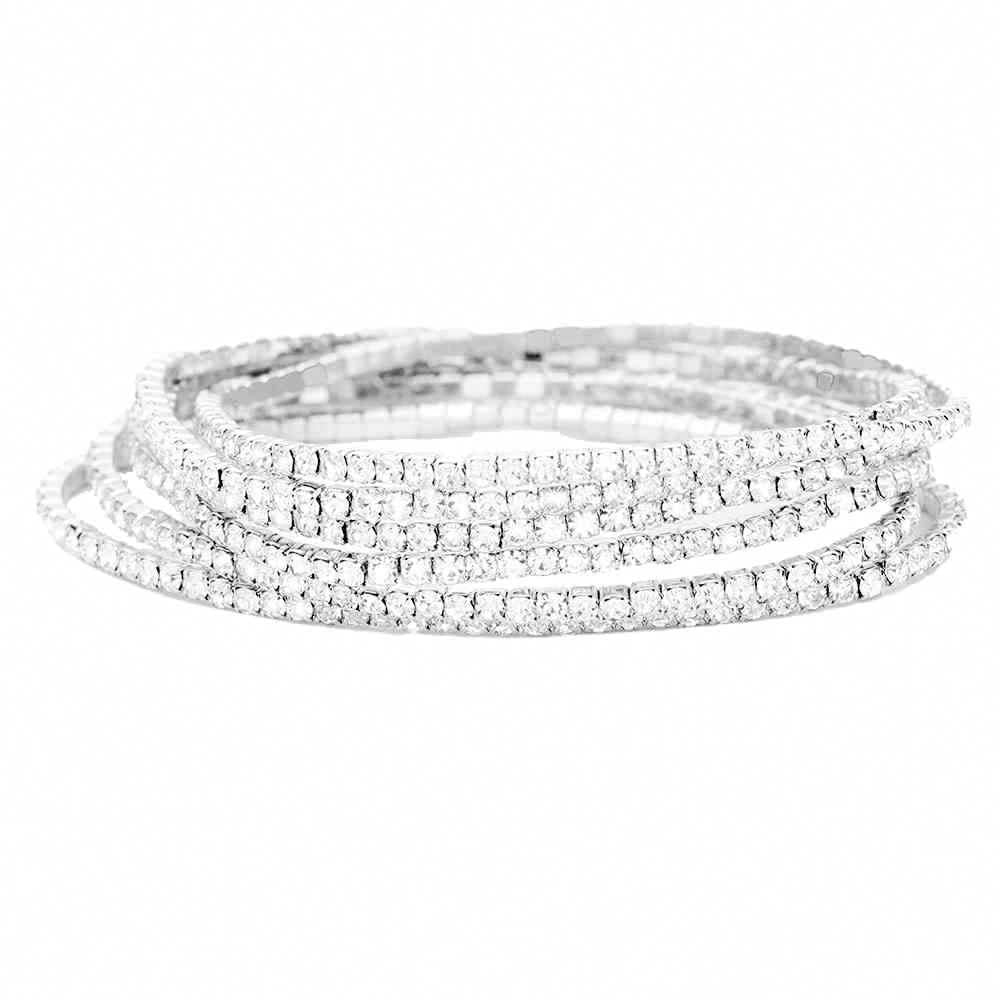 Silver 6pcs Crystal Rhinestone Stretch Layered Bracelets, beautiful crystal clear rhinestones; add this 6 piece layered bracelet to light up any outfit, feel absolutely flawless. Fabulous fashion and sleek style adds a pop of pretty color to your attire, coordinate with any ensemble from business casual to everyday wear.