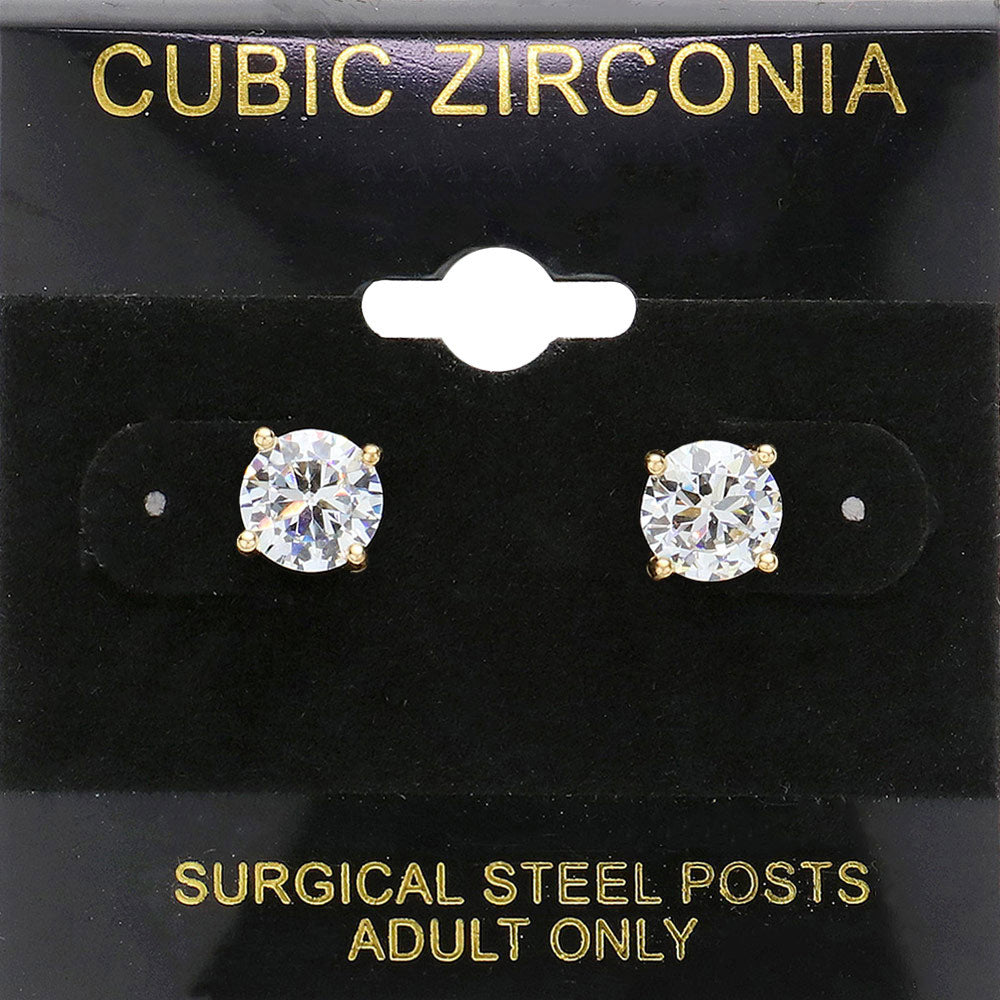 Clear, Gold 7mm Round CZ Stud Earrings