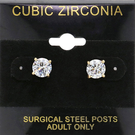 Clear, Gold 7mm Round CZ Stud Earrings