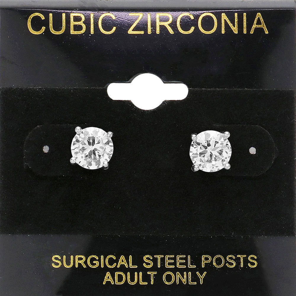Clear, Silver 7mm Round CZ Stud Earrings