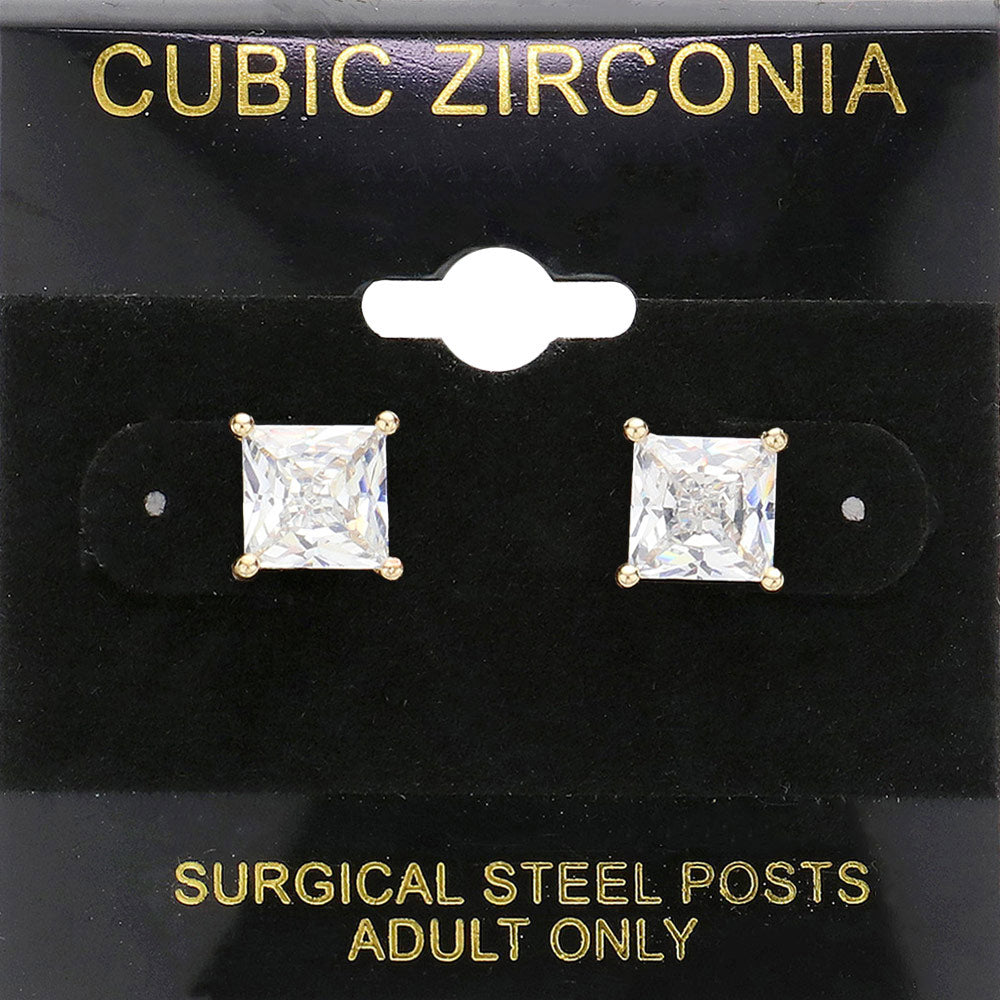 Clear, Gold 7mm Square CZ stud Earrings