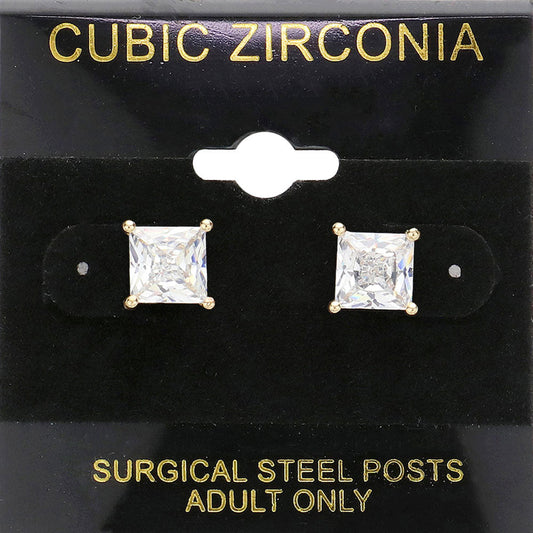 Clear, Gold 7mm Square CZ stud Earrings