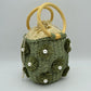 Floral Pearl Accented Straw Bucket Bag with Drawstring Liner - Green - Bucket Bag
