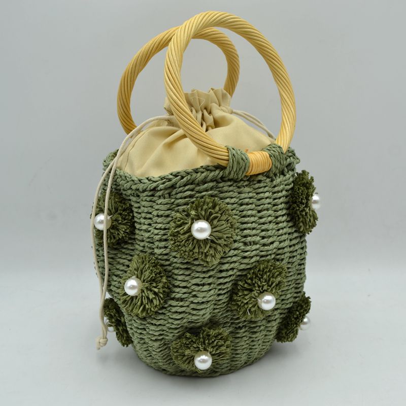 Floral Pearl Accented Straw Bucket Bag with Drawstring Liner - Green - Bucket Bag