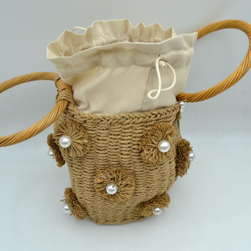 Floral Pearl Accented Straw Bucket Bag with Drawstring Liner - Bucket Bag