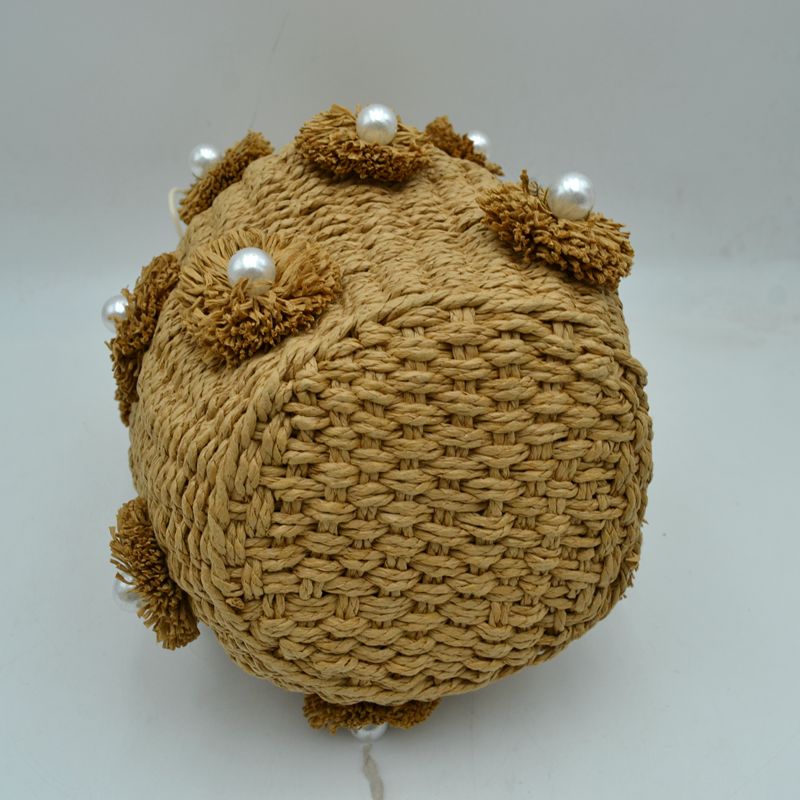 Floral Pearl Accented Straw Bucket Bag with Drawstring Liner - Bucket Bag