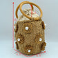 Floral Pearl Accented Straw Bucket Bag with Drawstring Liner - Bucket Bag