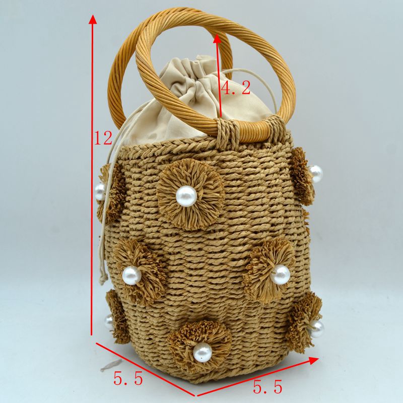 Floral Pearl Accented Straw Bucket Bag with Drawstring Liner - Bucket Bag