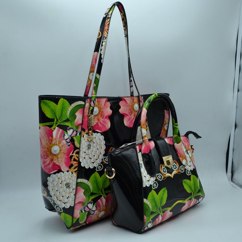 2-Piece Patent Floral Tote Bag and Matching Satchel Set - Black - Tote Bag