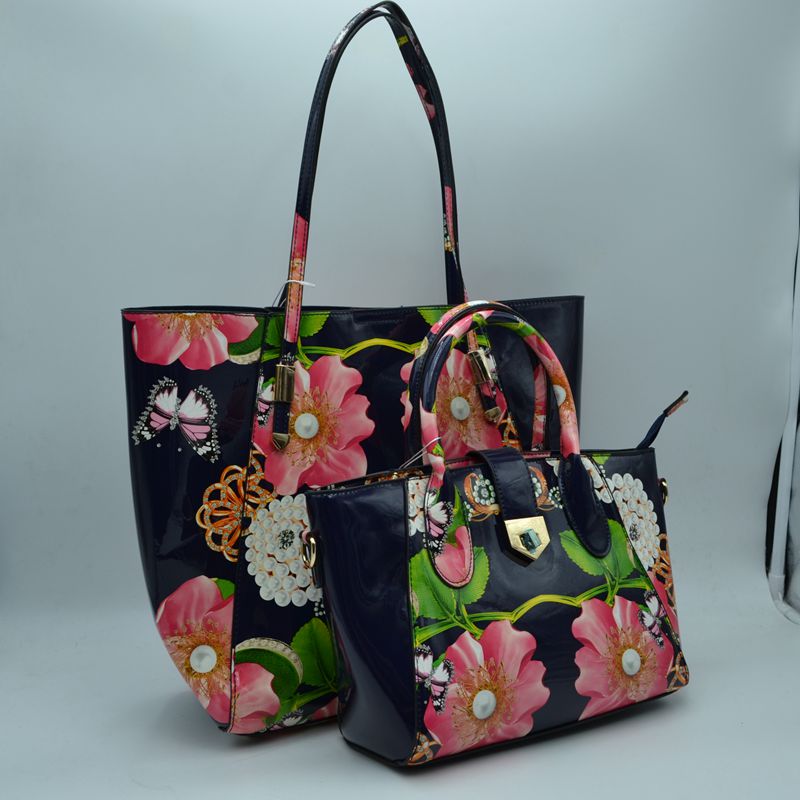 2-Piece Patent Floral Tote Bag and Matching Satchel Set - Navy blue - Tote Bag
